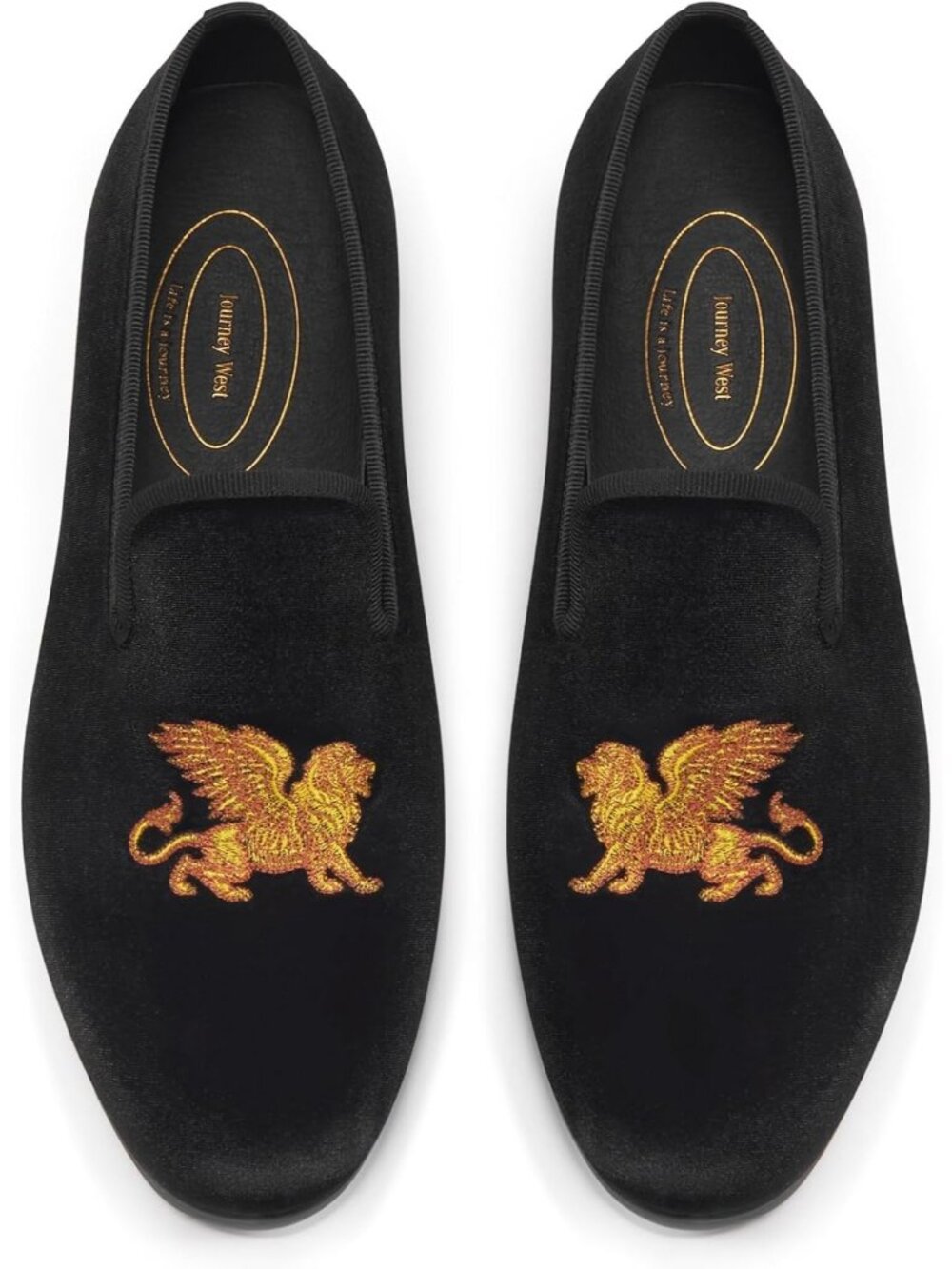 Men's Lion Black Rubber Velvet Loafers Embroidery Slip-On Tuxedo Slippers Shoes